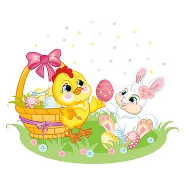 Little cute funny characters easter chicken and rabbit vector Stock Illustration
