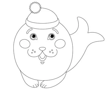 Little cute seal in a cap - vector linear picture for coloring. Outline. A simpl Illustrazione stock