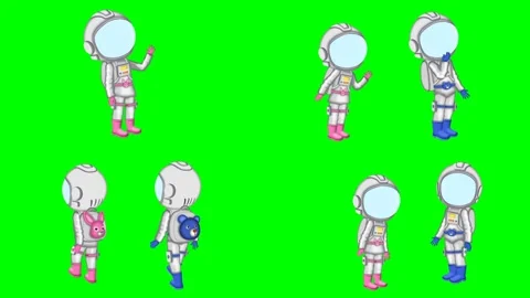 Little cute spaceman astronauts floating pointing up and standing freely 2d Stock Footage 334702965