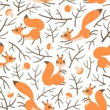 Little cute squirrels in the fall forest. Seamless autumn pattern for gift Stock Illustration