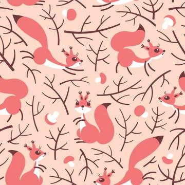Little cute squirrels in the fall forest. Seamless autumn pattern for gift Stock Illustration