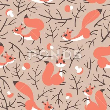 Little cute squirrels in the fall forest. Seamless autumn pattern for gift Stock Illustration