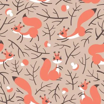 Little cute squirrels in the fall forest. Seamless autumn pattern for gift Stock Illustration