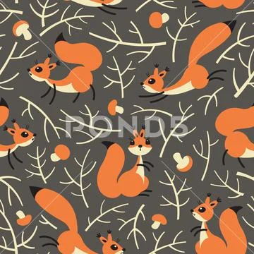 Little cute squirrels in the fall forest. Seamless autumn pattern for gift Stock Illustration