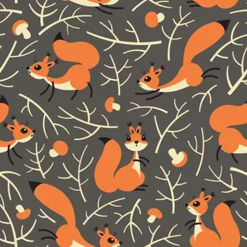 Little cute squirrels in the fall forest. Seamless autumn pattern for gift Stock Illustration