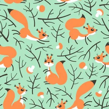 Little cute squirrels in the fall forest. Seamless autumn pattern for gift Stock Illustration