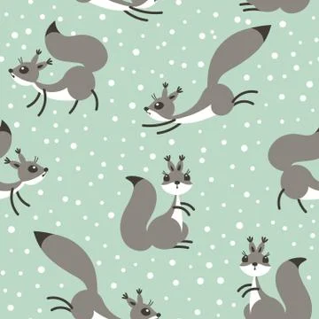 Little cute squirrels under snowfall. Seamless winter pattern for gift wrapping Stock Illustration