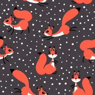 Little cute squirrels under snowfall. Seamless winter pattern for gift wrapping Illustrazione stock