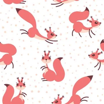 Little cute squirrels under snowfall. Seamless winter pattern for gift wrapping Stock Illustration