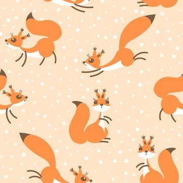 Little cute squirrels under snowfall. Seamless winter pattern for gift wrapping Stock Illustration