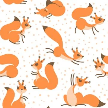 Little cute squirrels under snowfall. Seamless winter pattern for gift wrapping Stock Illustration