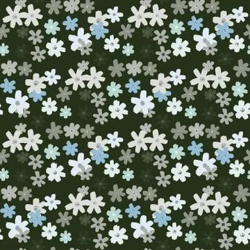 Little daisy elements seamless pattern. Dark background with flowers in blue, Stock Illustration