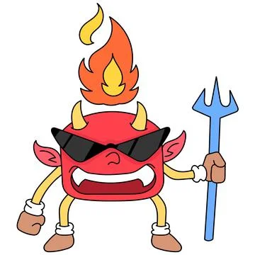 Little devil with fire on his head carrying a spear wants to do evil, doodle  Stockillustratie