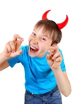 Little Devil Sly Kid with Devil Horns on the Head Isolated on the White Ba... Stock Photos