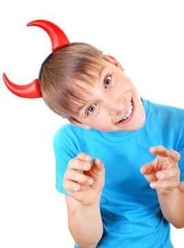 Little Devil Sly Kid with Devil Horns on the Head Isolated on the White Ba... Stock Photos