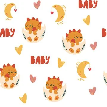 Little dinosaur seamless pattern. Cute little dinosaur in egg, hearts, moon a 스톡 일러스트