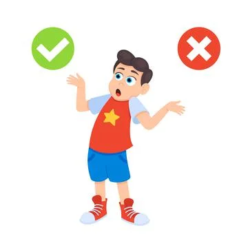Little doubt boy kid between right and wrong check marks flat style design Stock Illustration