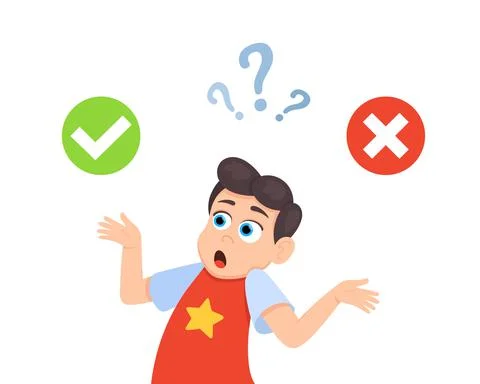 Little doubt boy kid between right and wrong check marks flat style design Stockillustratie