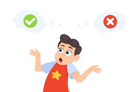 Little doubt boy kid between right and wrong check marks flat style design Stock Illustration