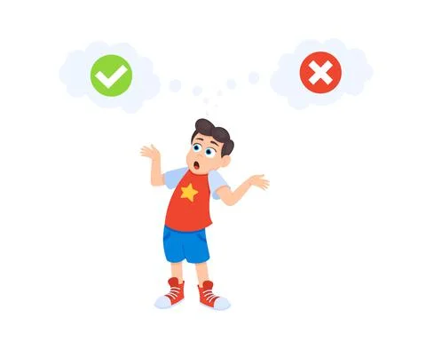 Little doubt boy kid between right and wrong check marks flat style design Stock Illustration