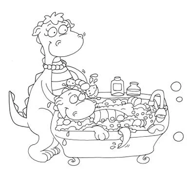 The little dragon baths with mom Stock Illustration