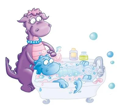 The little dragon baths with mom Stock Illustration