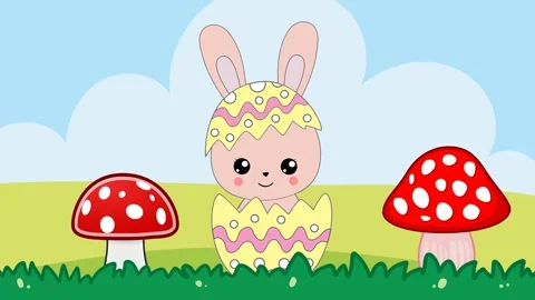 Little easter bunny in egg painted animation and mushroom Stock Footage 233658948