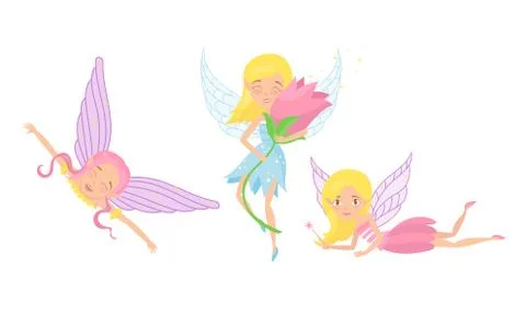 Little Fairy or Pixie with Wings Holding Flower and Magic Wand Vector 스톡 일러스트