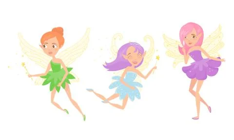 Little Fairy or Pixie with Wings Holding Magic Wand Vector Illustration Set 스톡 일러스트