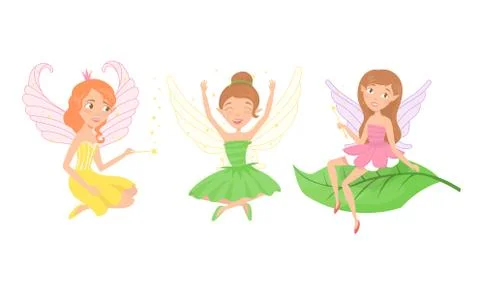 Little Fairy or Pixie with Wings Holding Magic Wand Vector Illustration Set Stock Illustration