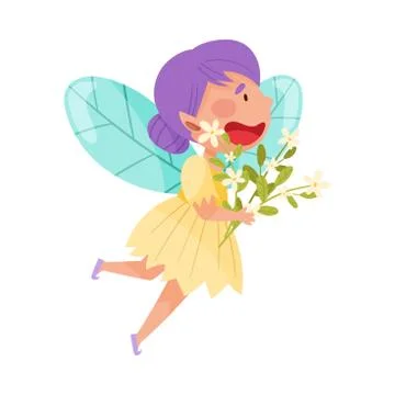 Little Fairy or Pixie with Wings Holding Flower Bouquet Vector Illustration 스톡 일러스트