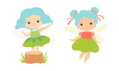 Little Fairy or Pixie with Wings as Woodland Nymph Standing on Tree Stump and Stock Illustration