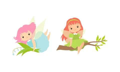 Little Fairy or Pixie with Wings as Woodland Nymph Sitting on Tree Branch and Stock Illustration