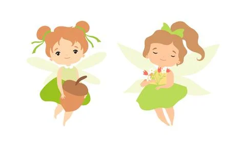 Little Fairy or Pixie with Wings as Woodland Nymph Hovering with Flowers and Stock Illustration