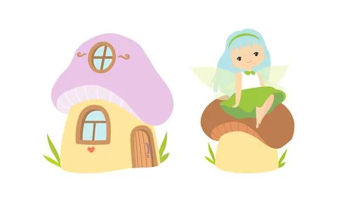 Little Fairy or Pixie with Wings as Woodland Nymph Sitting on Mushroom Cap and Stock Illustration