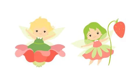 Little Fairy or Pixie with Wings as Woodland Nymph Sitting in Flower Cup and Stock Illustration