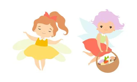 Little Fairy or Pixie with Wings as Woodland Nymph Hovering with Basket Full of Stock Illustration