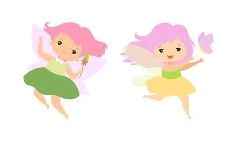 Little Fairy or Pixie with Wings as Woodland Nymph Hovering with Magic Wand and Stock Illustration