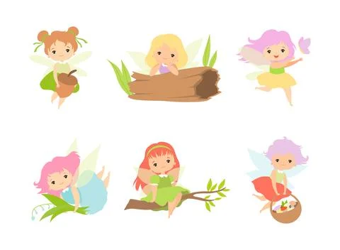 Little Fairy or Pixie with Wings as Woodland Nymph Vector Set 스톡 일러스트