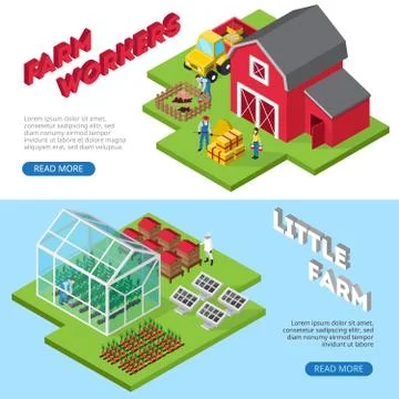 Little Farm  Work Facilities Isometric Banners Stock Illustration