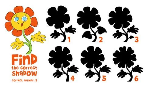 Little Flower. Find the correct shadow. Find 2 same objects. Educational game Illustrazione stock
