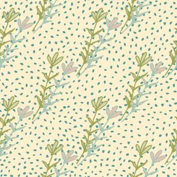 Little flowers seamless pattern on dots background. Hand drawn outline floral Stock Illustration