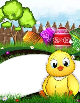Little fluffy chicken and Easter eggs 스톡 일러스트
