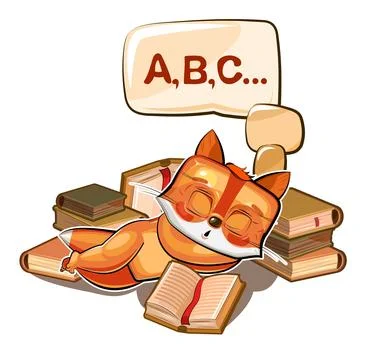 Little fox learned read and fell asleep. Animal isolated on white background Stock Illustration