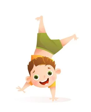 Little Fun Boy Playing Doing Upside Down Handstand Stock Illustration