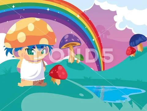 Little fungus fairytale in landscape fantasy with lake Stock Illustration