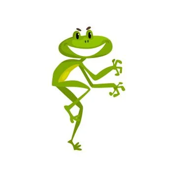 Little funny frog, cute green amfibian animal cartoon character vector Illustrazione stock