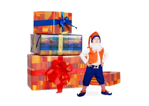 Little funny gnome with gift boxes Stock Photos