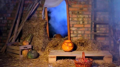 Little Ghost Picking Up Apples Scattered By Children At Halloween Holiday Stock Footage 55355539