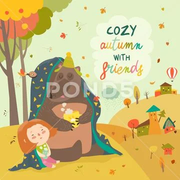 Little girl and bear sitting under plaid on the autumn lawn Stock Illustration